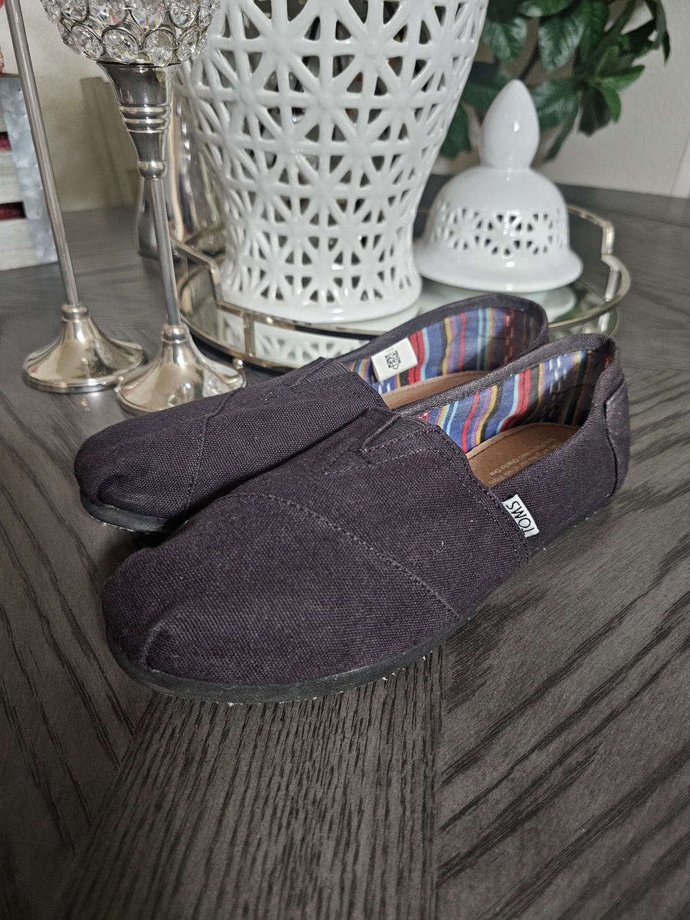 Toms Black Canvas Slip-On Flats with Multicolor Striped Lining - Picture 2 of 4